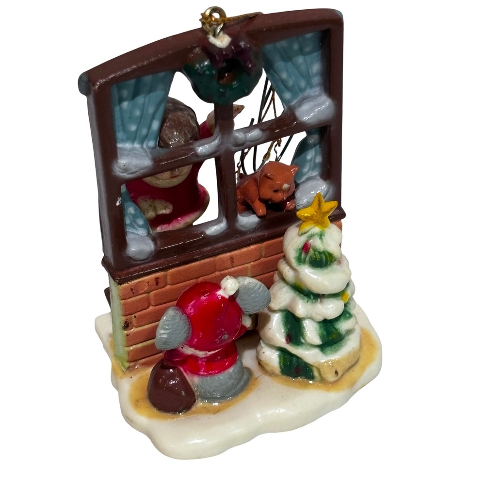 Vintage Christmas Window Scene Ornament Child Mouse Cat Tree Diorama